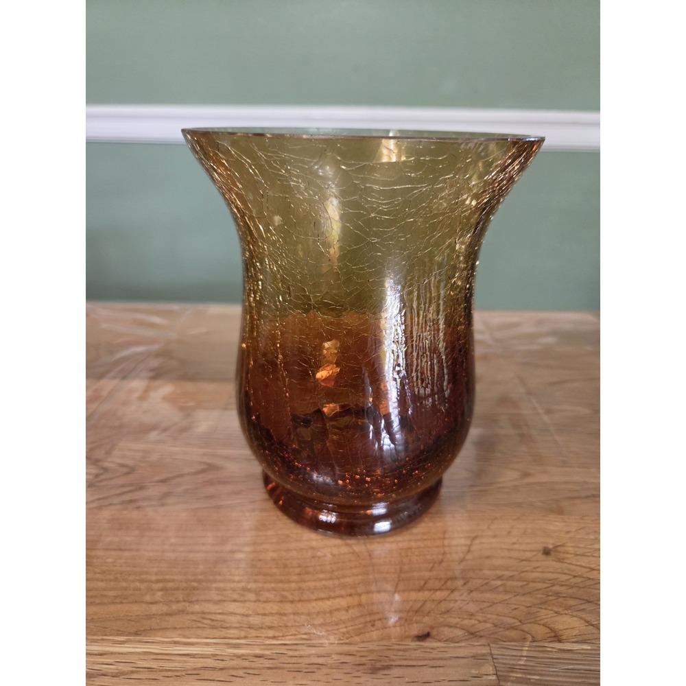 VTG Amber Crackle Glass Flower Vase. 6.5"H